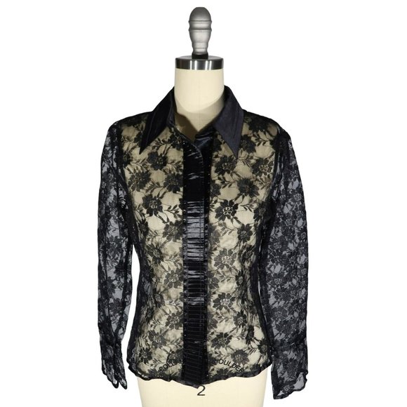 Diane De Montjour Tops - DIANE DE MONTJOUR Size 40/M Black Lace Studded Pleated Sheer Button Down Blouse